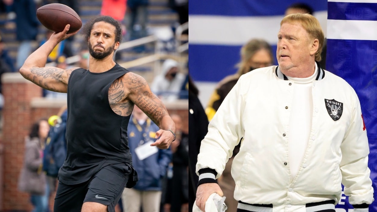 (L-R) Former NFL quarterback Colin Kaepernick, Las Vegas Raiders owner Mark Davis