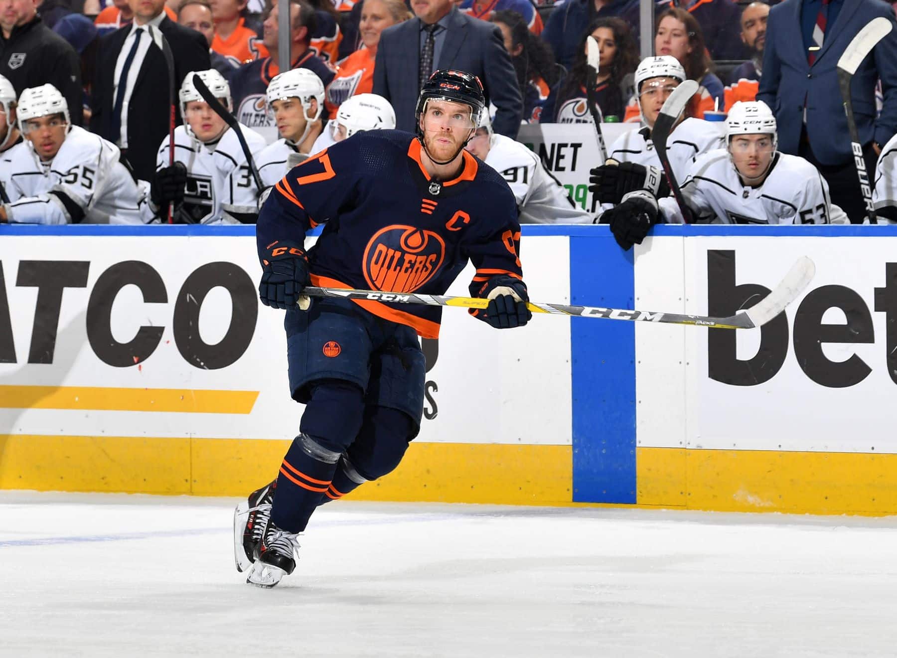 Connor McDavid #97 of the Edmonton Oilers during an NHL 2022 Stanley Cup Playoffs game against the Los Angeles Kings