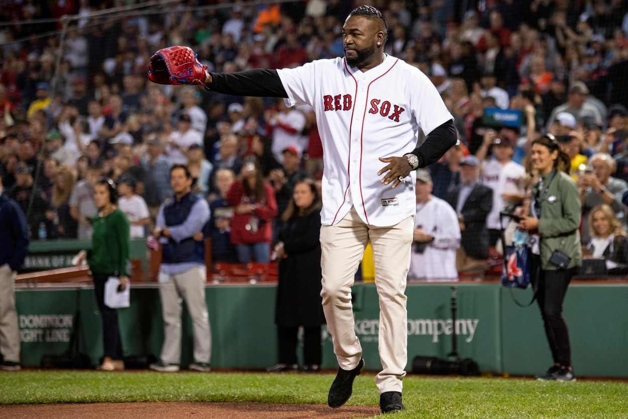 Former Boston Red Sox designated hitter David Ortiz is introduced before catching a ceremonial first pitch.