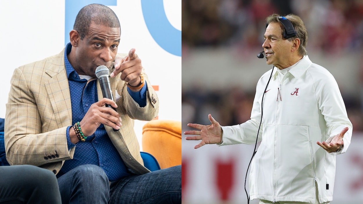 (L-R) Jackson State coach Deion Sanders and Alabama coach Nick Saban.