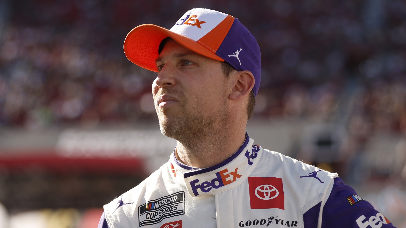 Denny Hamlin is seen on the grid prior to the NASCAR Cup Series Busch Light Clash at the Los Angeles Memorial Coliseum on Feb. 6, 2022.