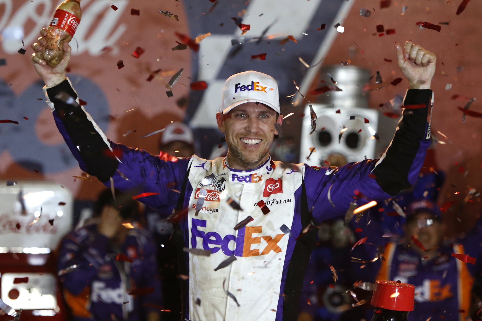 Denny Hamlin celebrates win