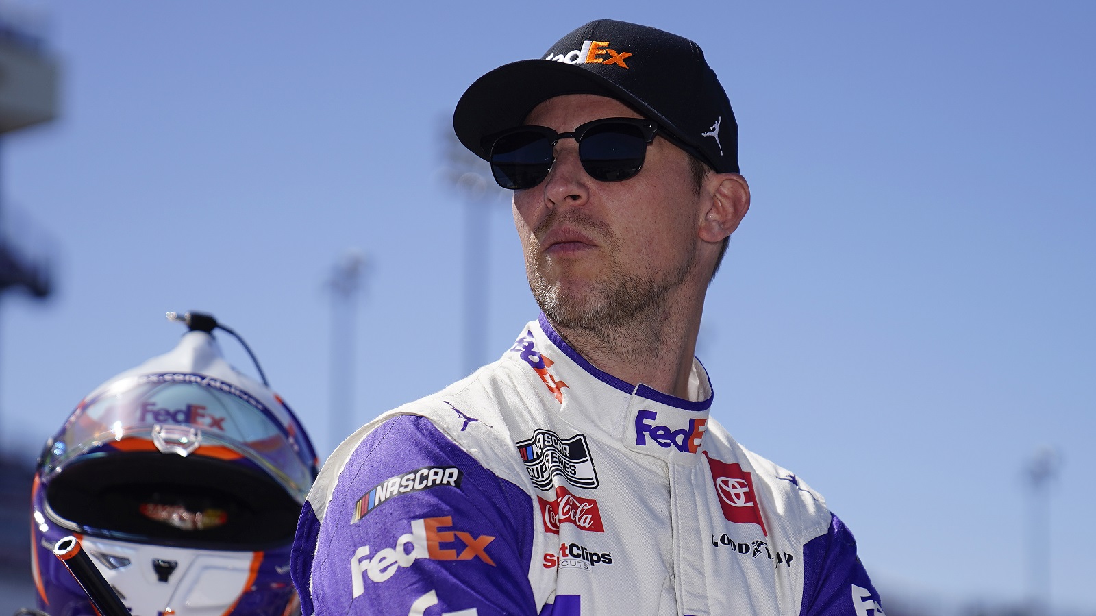Denny Hamlin looks on during qualifying for the NASCAR Cup Series Toyota Owners 400 at Richmond Raceway on April 2, 2022.