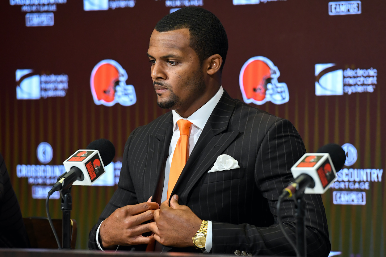 Quarterback Deshaun Watson of the Cleveland Browns, pictured at his introductory press conference, faces a lengthy suspension.