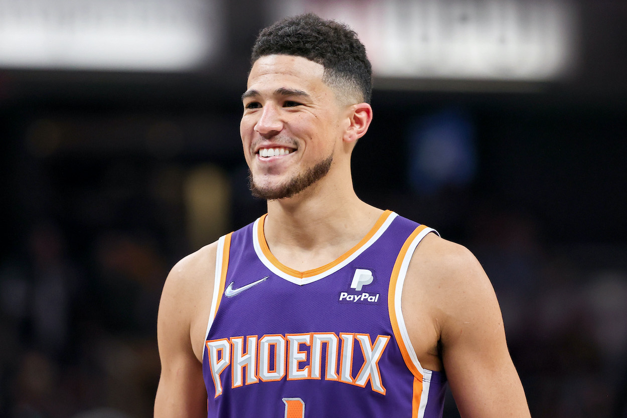 Devin Booker looks on against the Pacers.