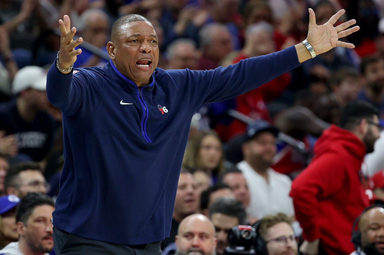 Doc Rivers argues a call during a game.