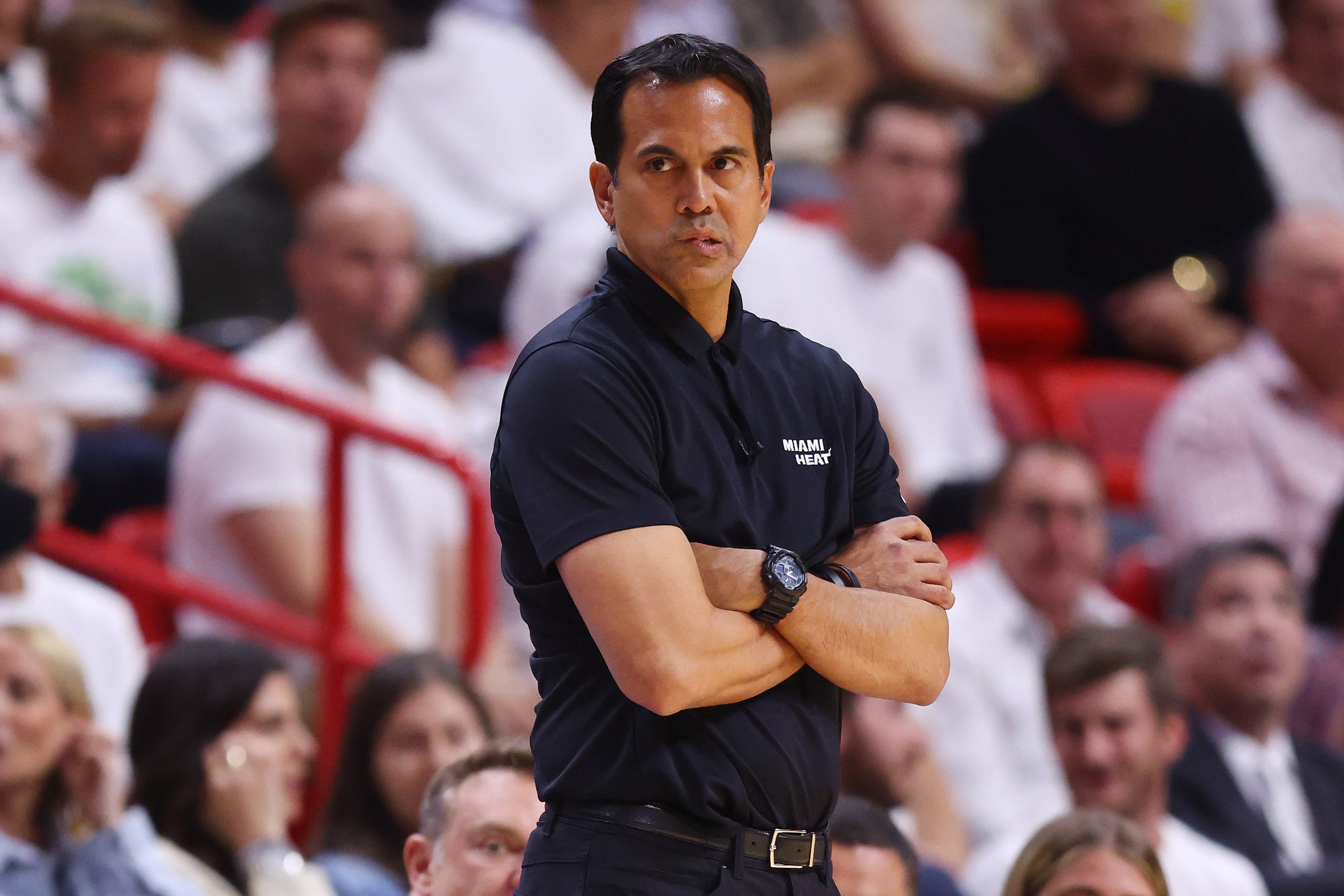 Head coach Erik Spoelstra of the Miami Heat reacts against the Atlanta Hawks.