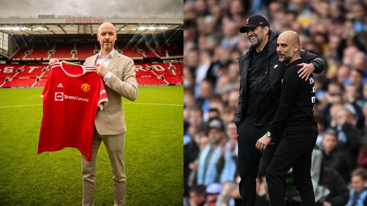 (L-R) Manchester United's Erik ten Hag, Liverpool's Jurgen Klopp and Manchester City's Pep Guardiola.Pep Guardiola