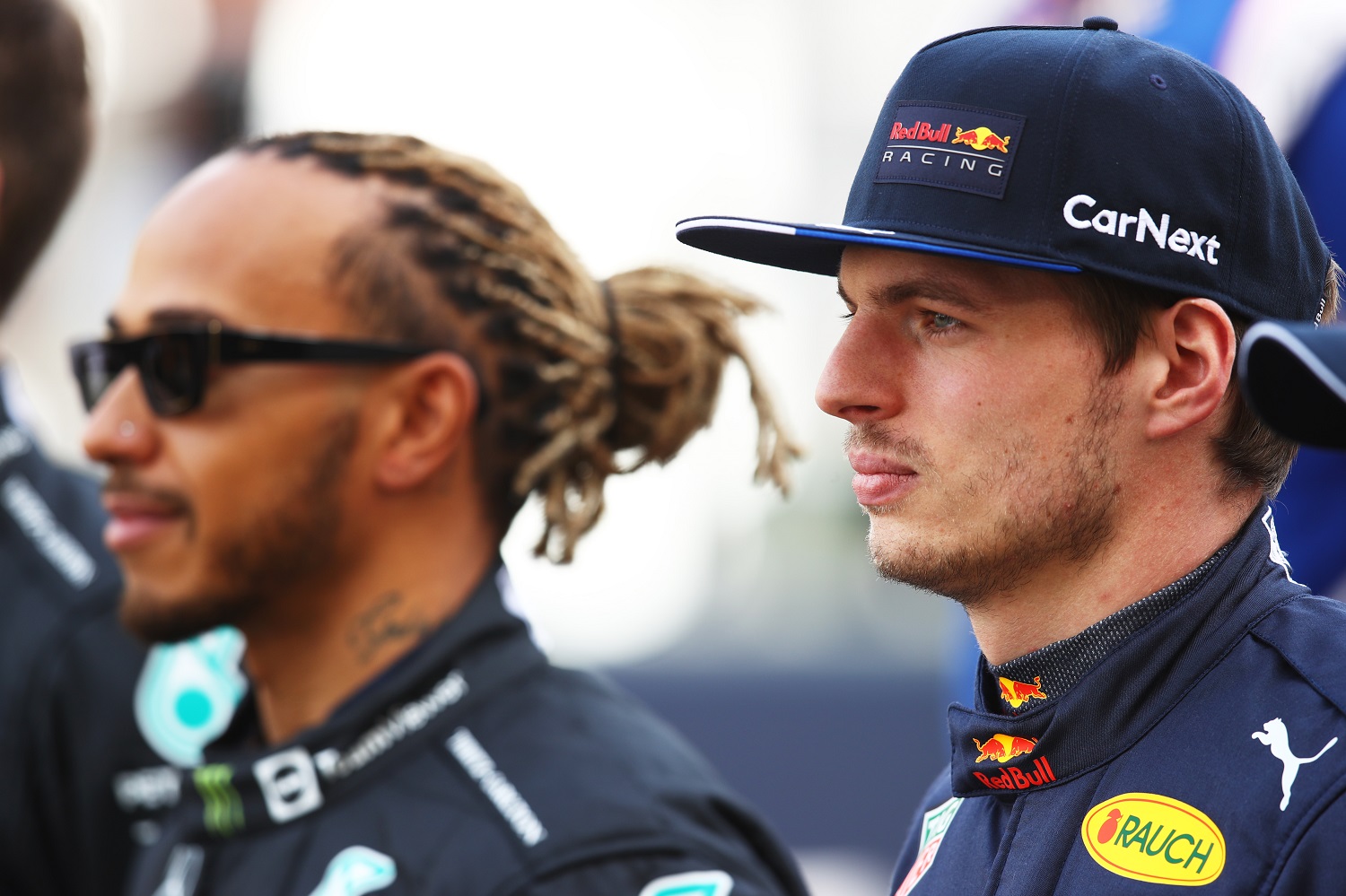 Lewis Hamilton and Max Verstappen pose for a photo prior to the Formula 1 Grand Prix of Bahrain at Bahrain International Circuit on March 20, 2022. | Joe Portlock - Formula 1/Formula 1 via Getty Images