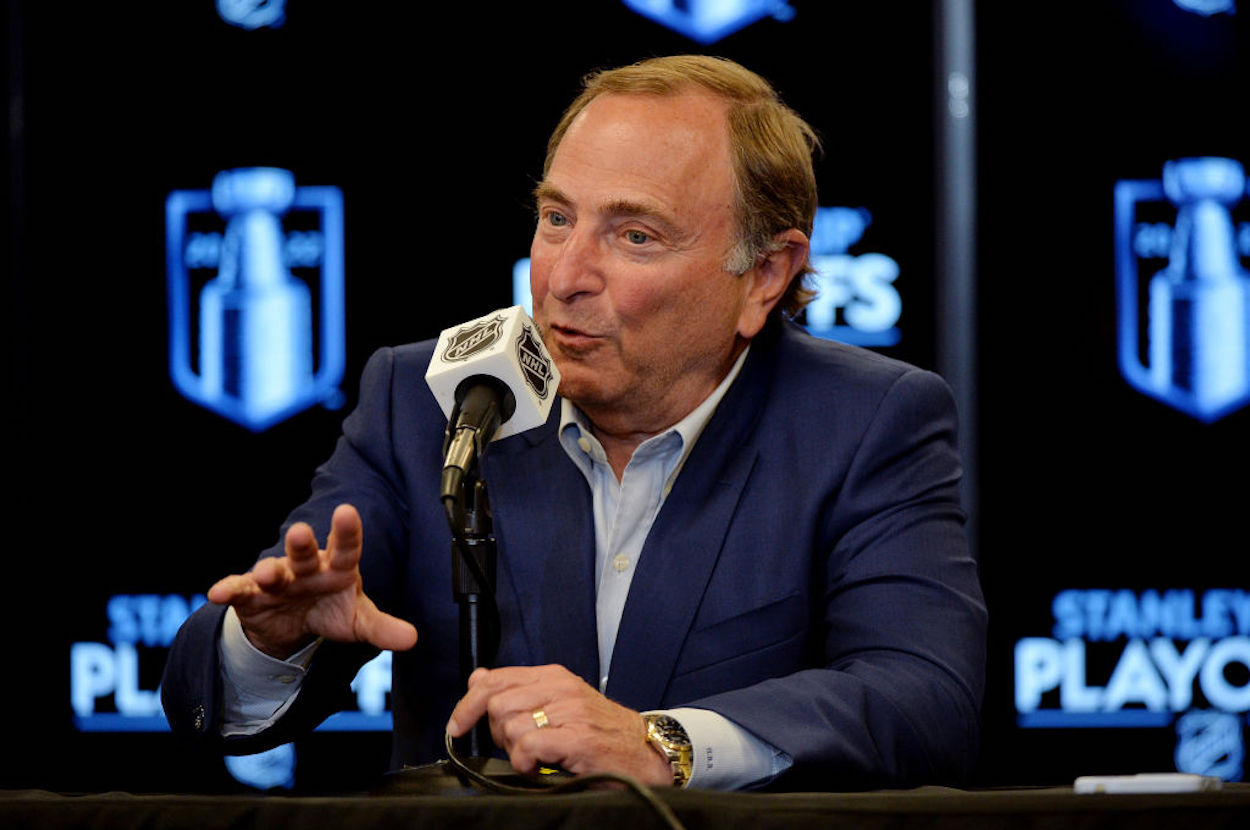 Gary Bettman at the microphone during the 2022 NHL Playoffs.
