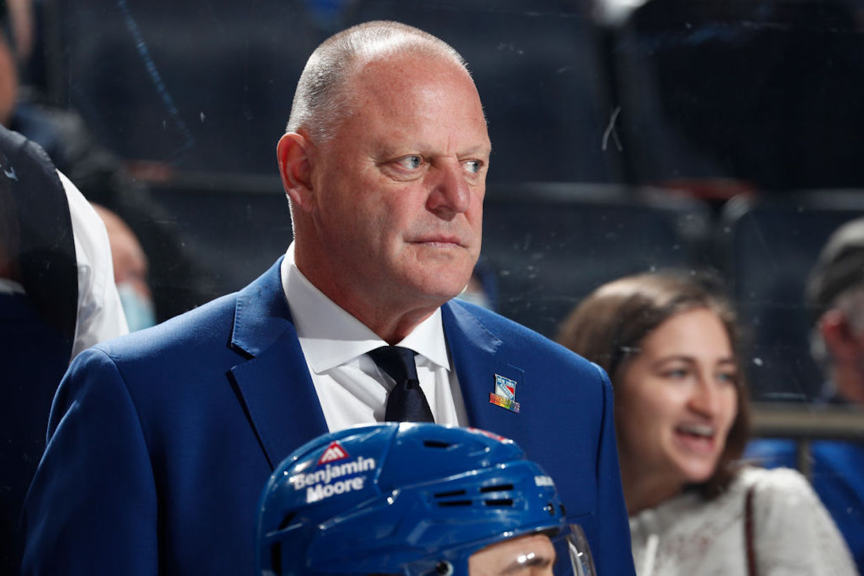 New York Rangers coach Gerard Gallant looks on from the bench.
