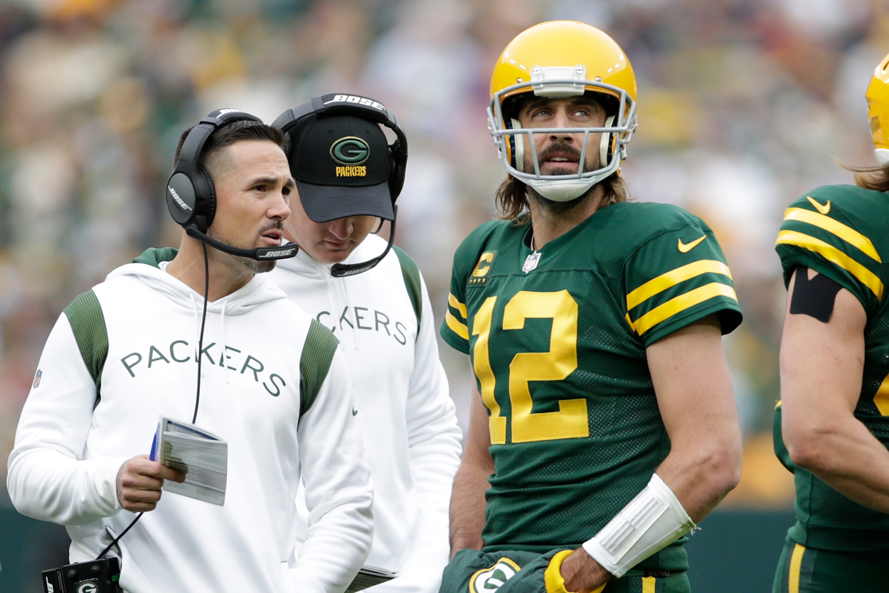 Green Bay Packers head coach Matt LaFleur and quarterback Aaron Rodgers during a game in 2021.