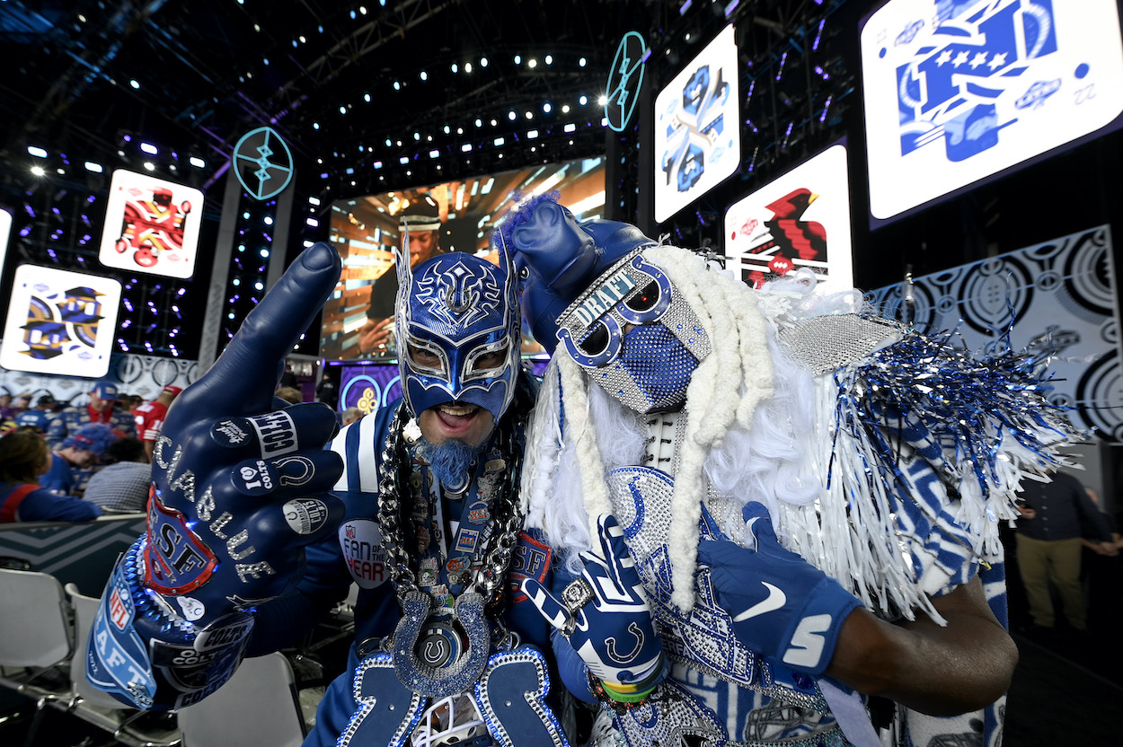 Indianapolis Colts fans pose during the 2022 NFL Draft. The Colts took Cincinnati WR Alec Pierce with their first pick.