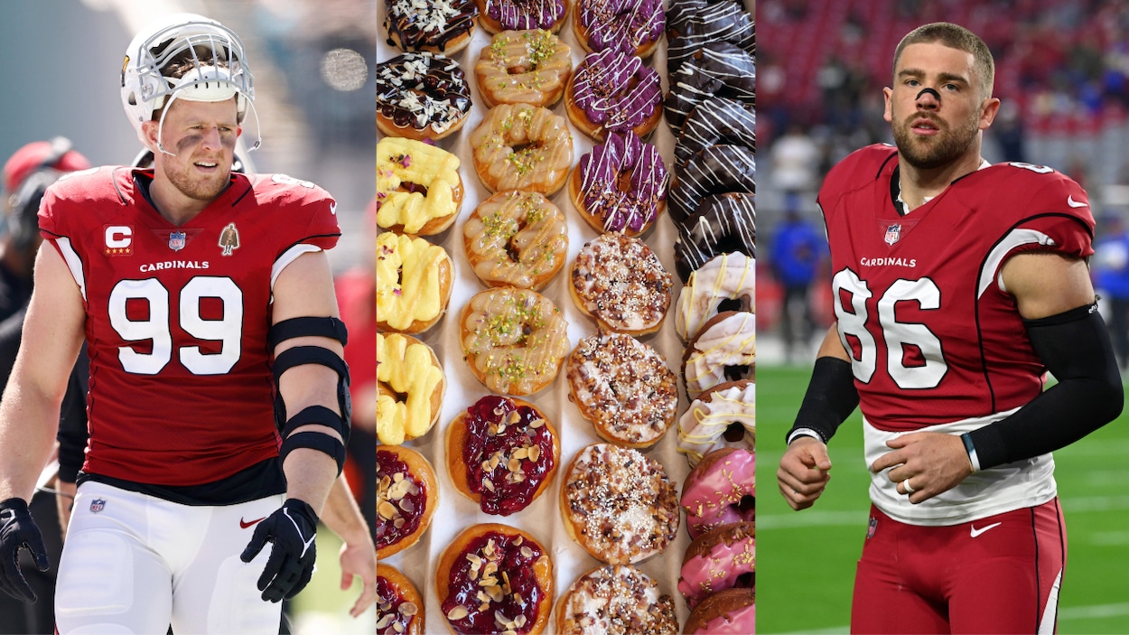 (L-R) Arizona Cardinals DE J.J. Watt, doughnuts, Cardinals TE Zach Ertz.