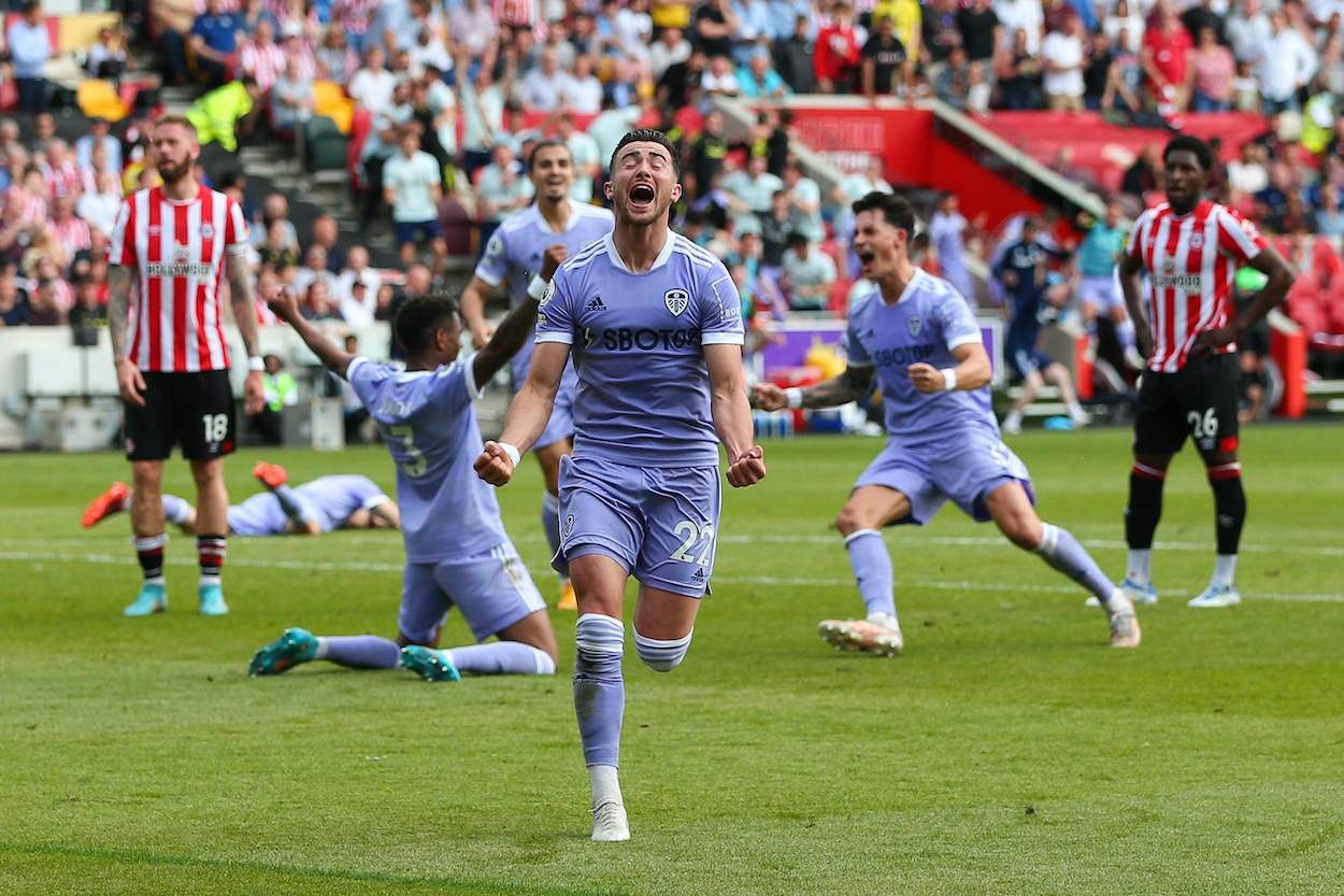 Jack Harrison of Leeds celebrates scoring his side's second goal during the Premier League match between Brentford and Leeds United. Former MLS player and coach Jesse Marsch manages Leeds.