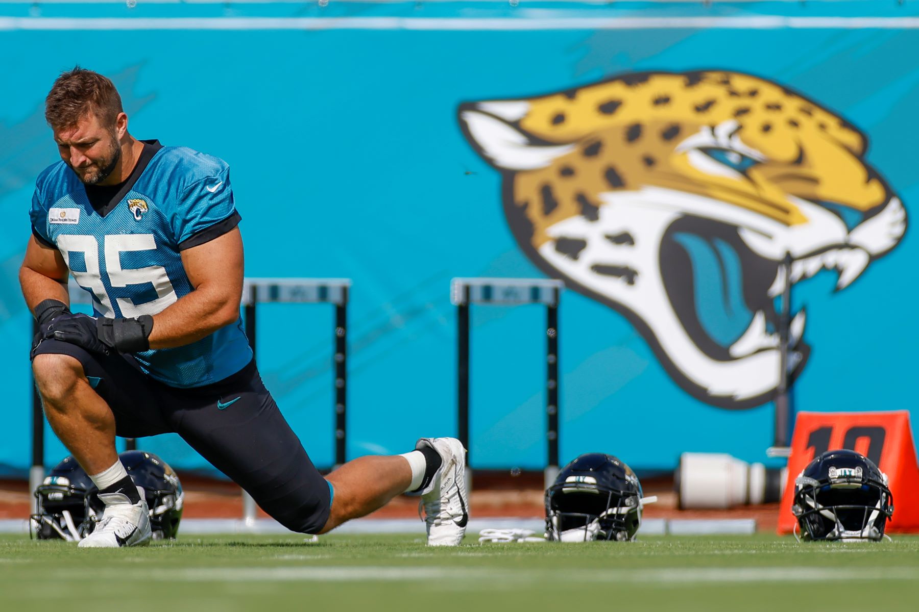 Jacksonville Jaguars Tight End Tim Tebow stretching before a scrimmage match in Jacksonville, Florida