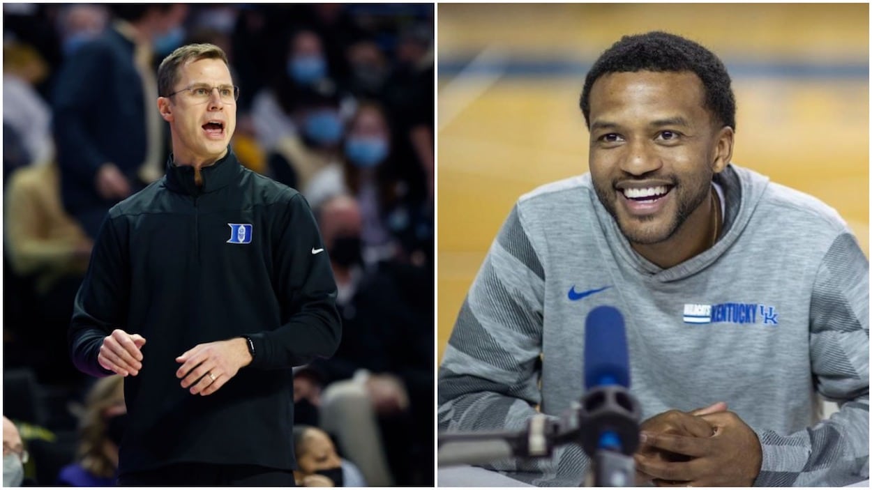 Duke head coach Jon Scheyer and his newly hired assistant, Jai Lucas.