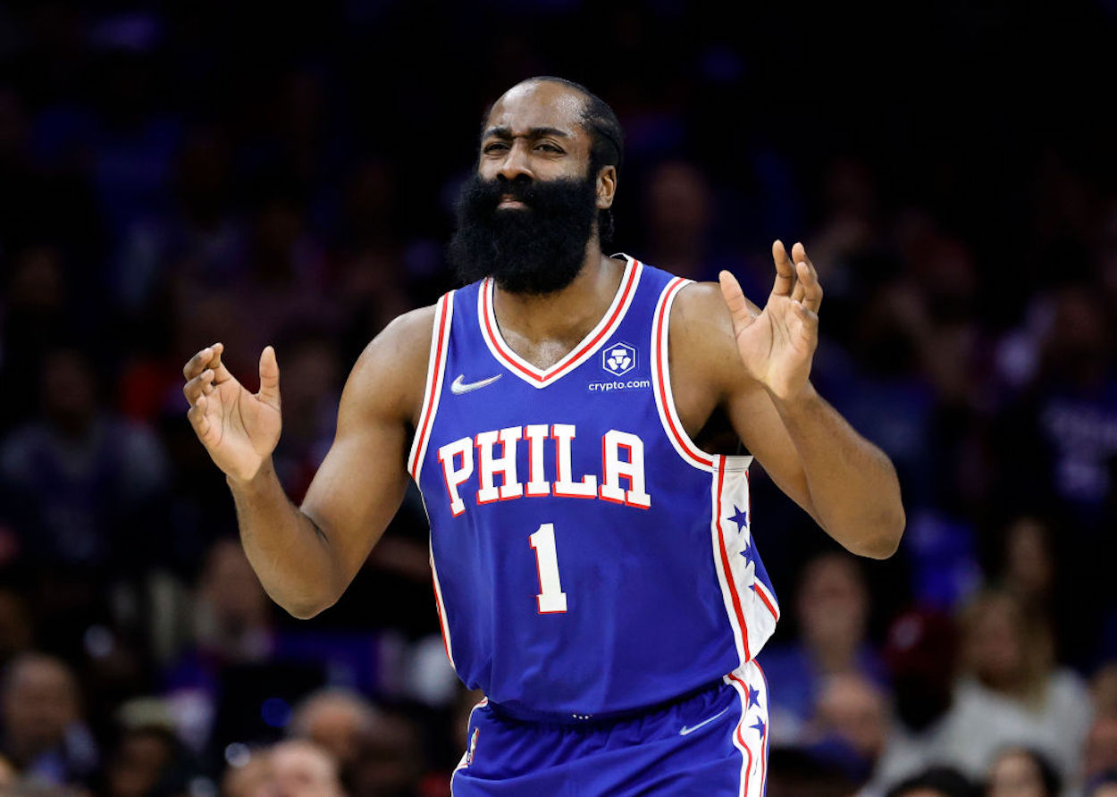 Philadelphia 76ers guard James Harden reacts during a playoff game.