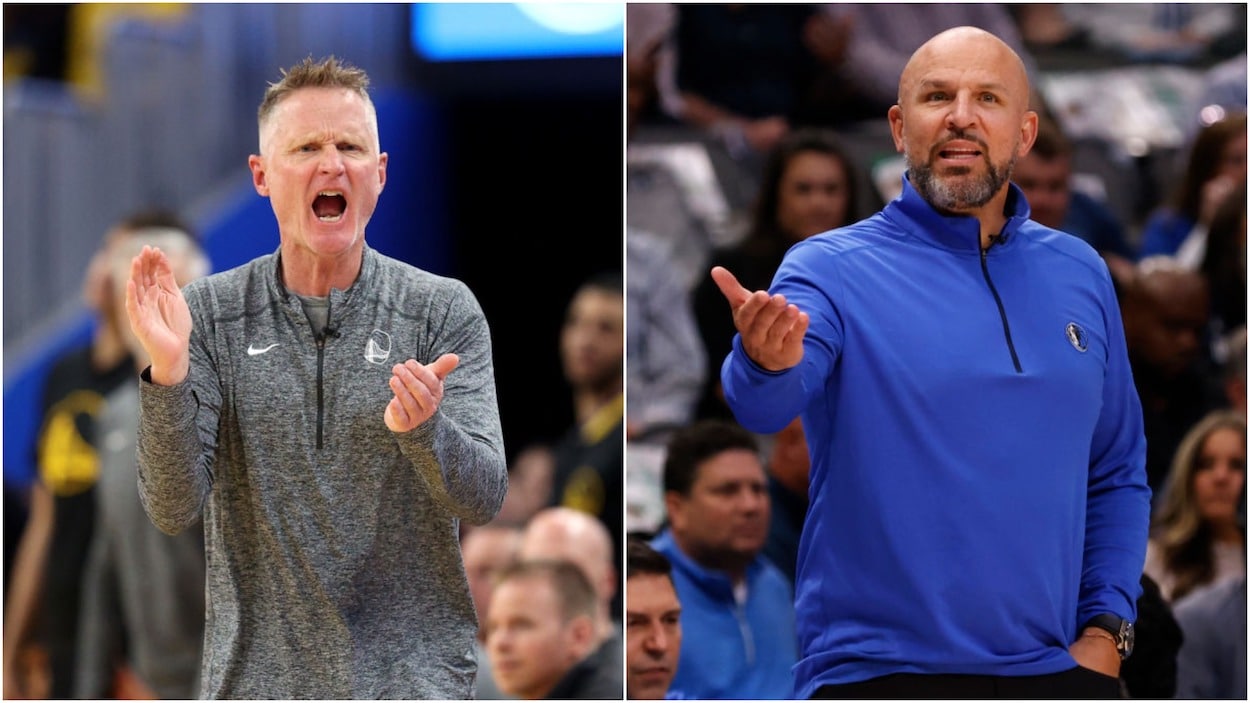 Steve Kerr (L) and Jason Kidd (R) coaching their respective teams.