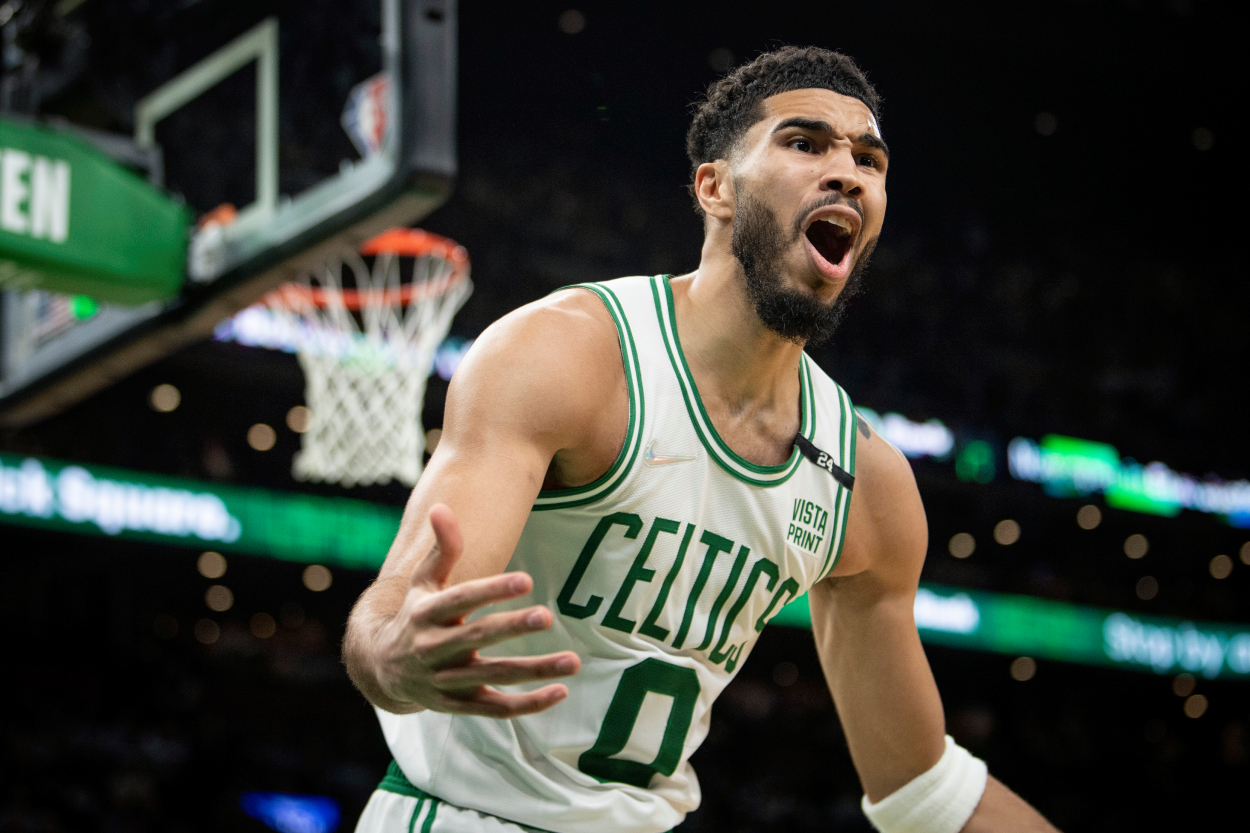Jayson Tatum of the Boston Celtics reacts during the first half of Game 5 of the Eastern Conference Semifinals against the Milwaukee Bucks.