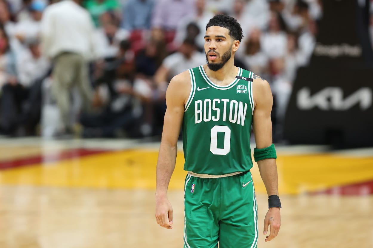 Jayson Tatum reacts against the Miami Heat.