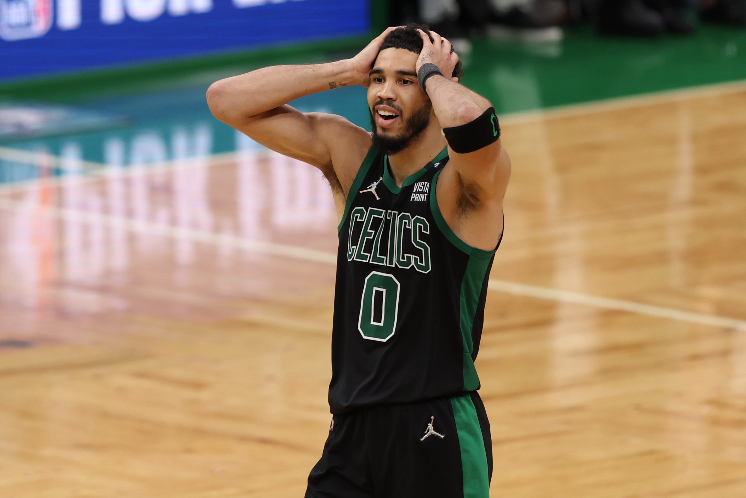 Jayson Tatum of the Boston Celtics reacts after a foul call.