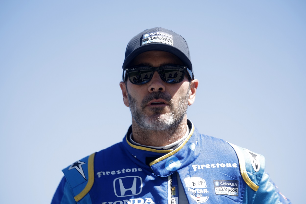 Jimmie Johnson at qualifying for the NTT IndyCar Series XPEL 375 at Texas Motor Speedway