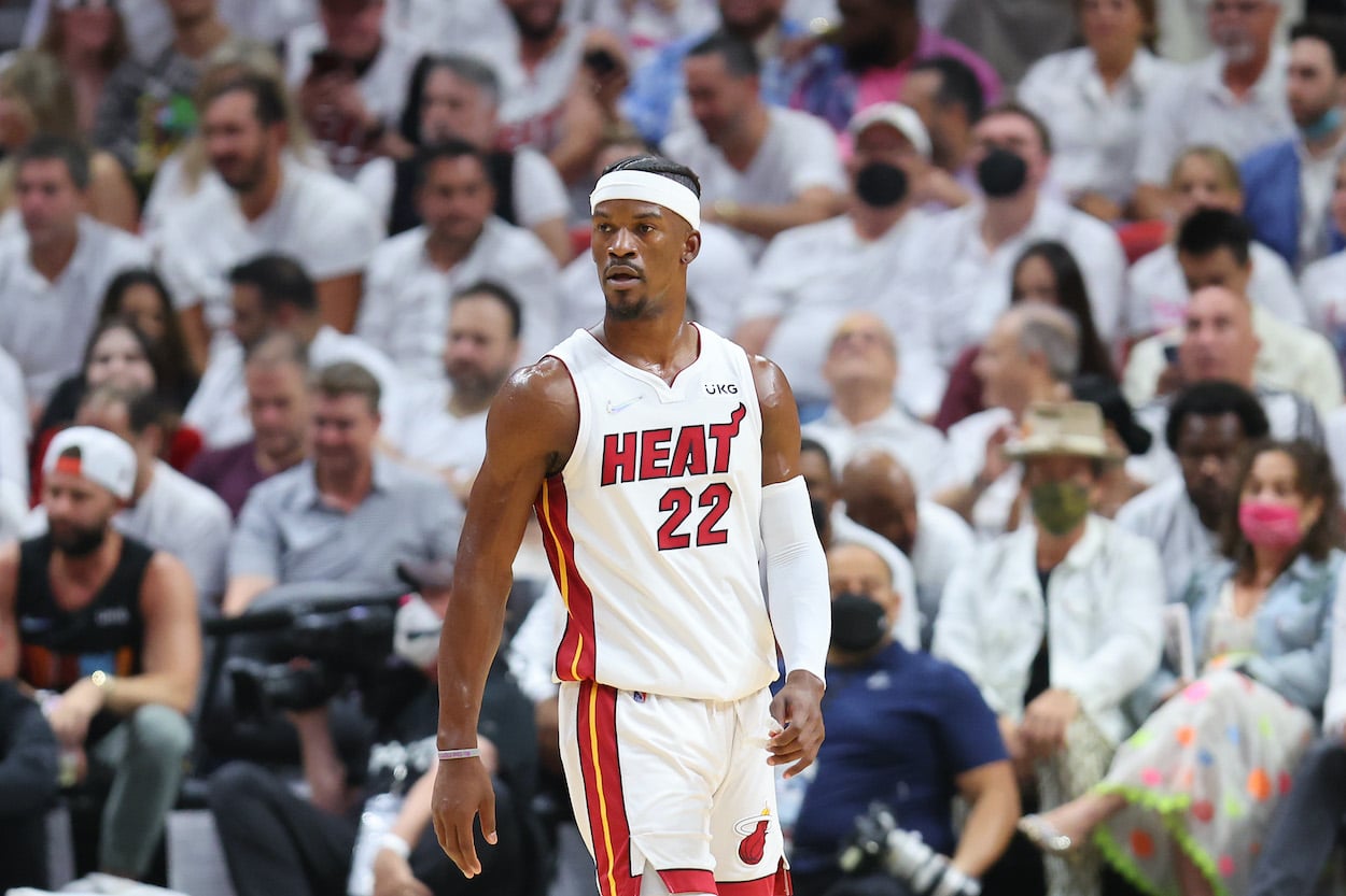 Jimmy Butler looks on against the Celtics.