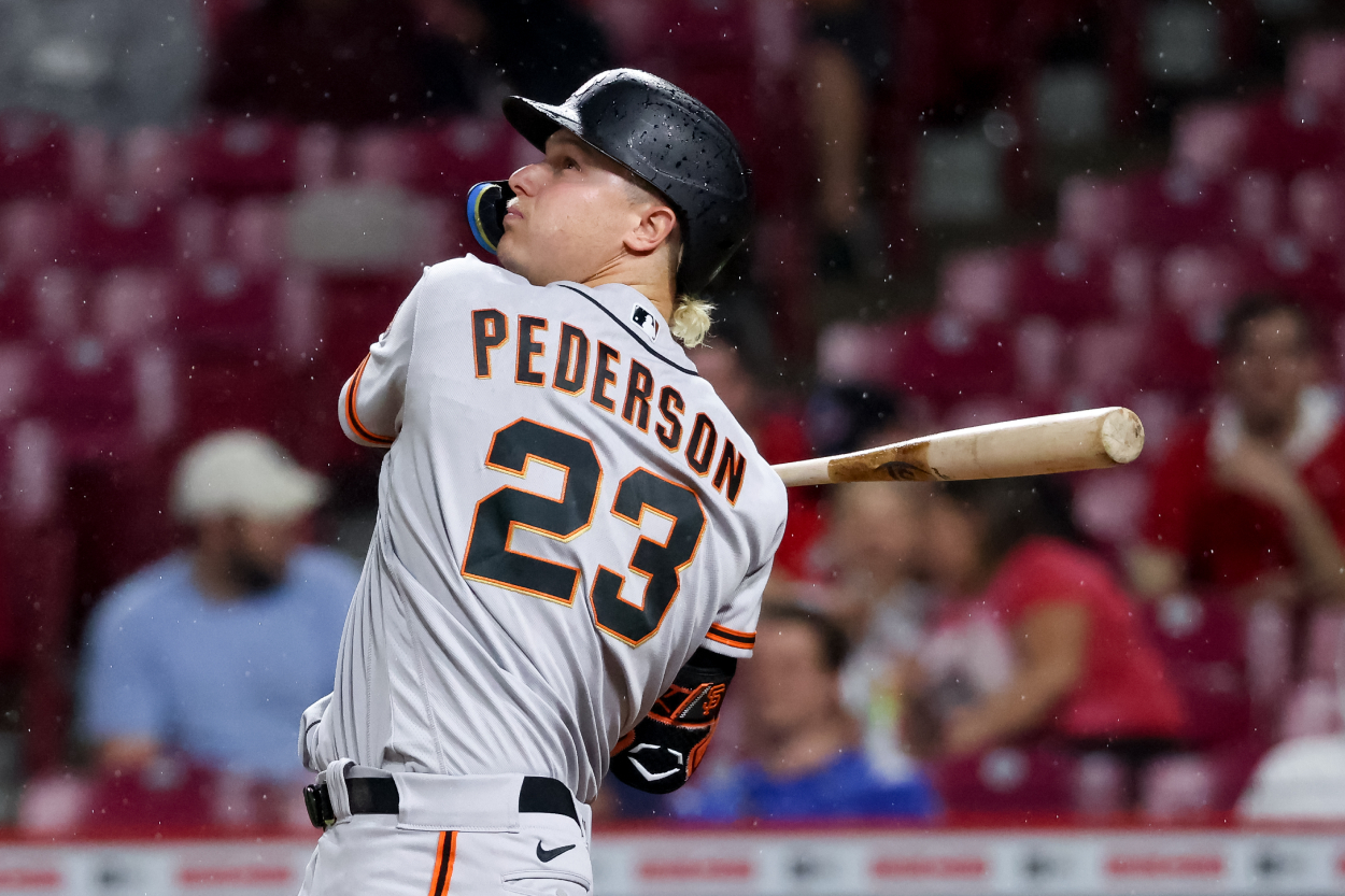 Joc Pederson of the San Francisco Giants flies out in the fourth inning against the Cincinnati Reds.