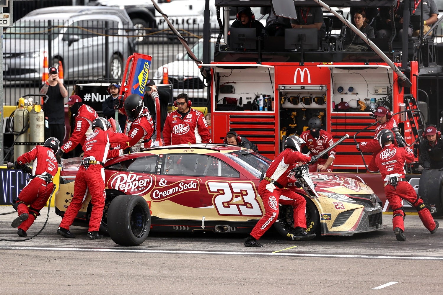 Bubba Wallace pits during the NASCAR Cup Series Pennzoil 400 at Las Vegas Motor Speedway on March 6, 2022.