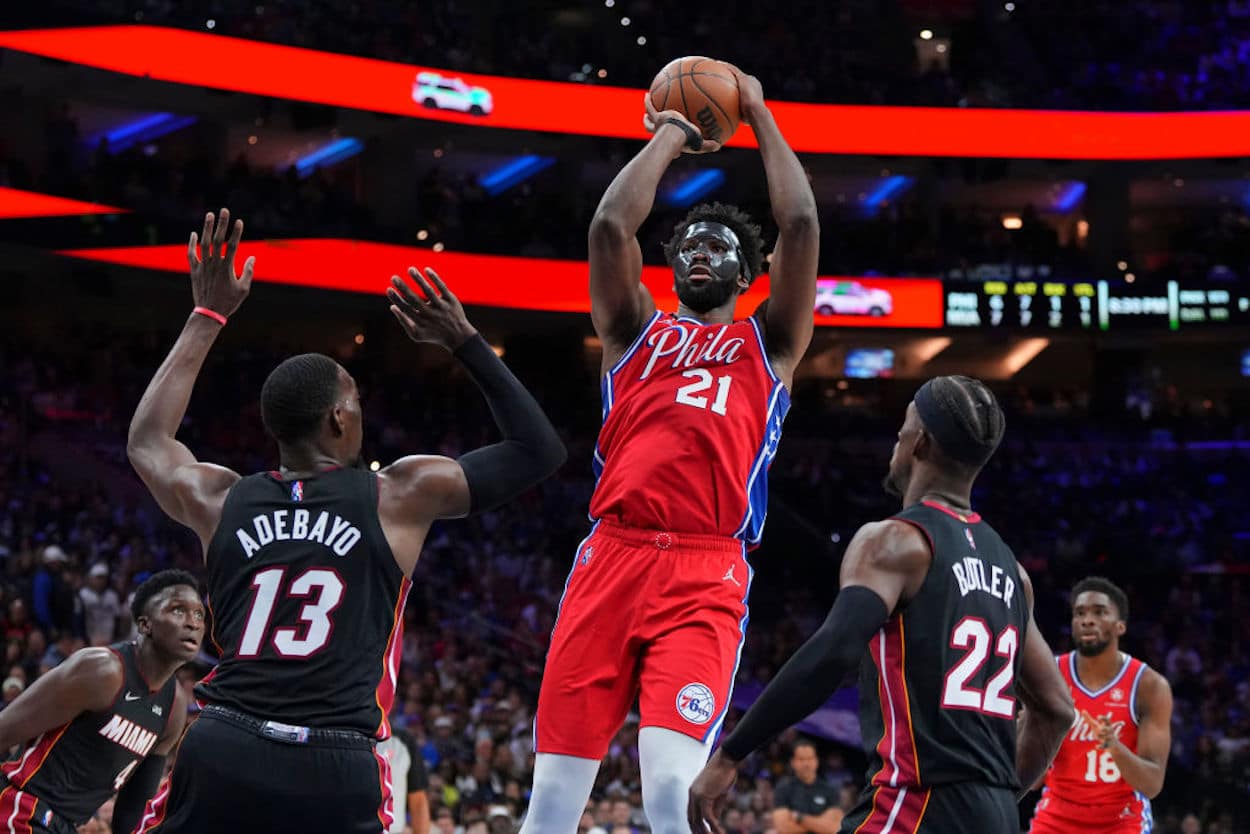 Philadelphia 76ers star Joel Embiid takes a jump shot.