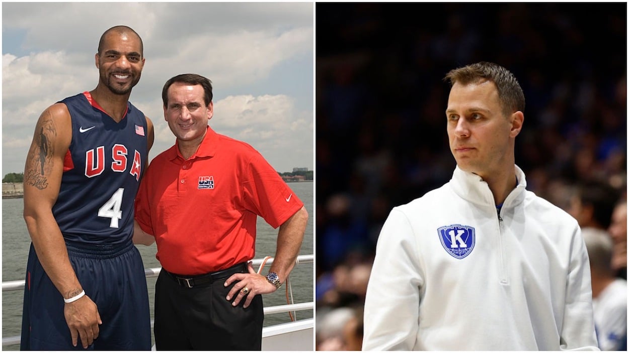 Carlos Boozer (L), Mike Krzyzewski (C) and Jon Scheyer (R).