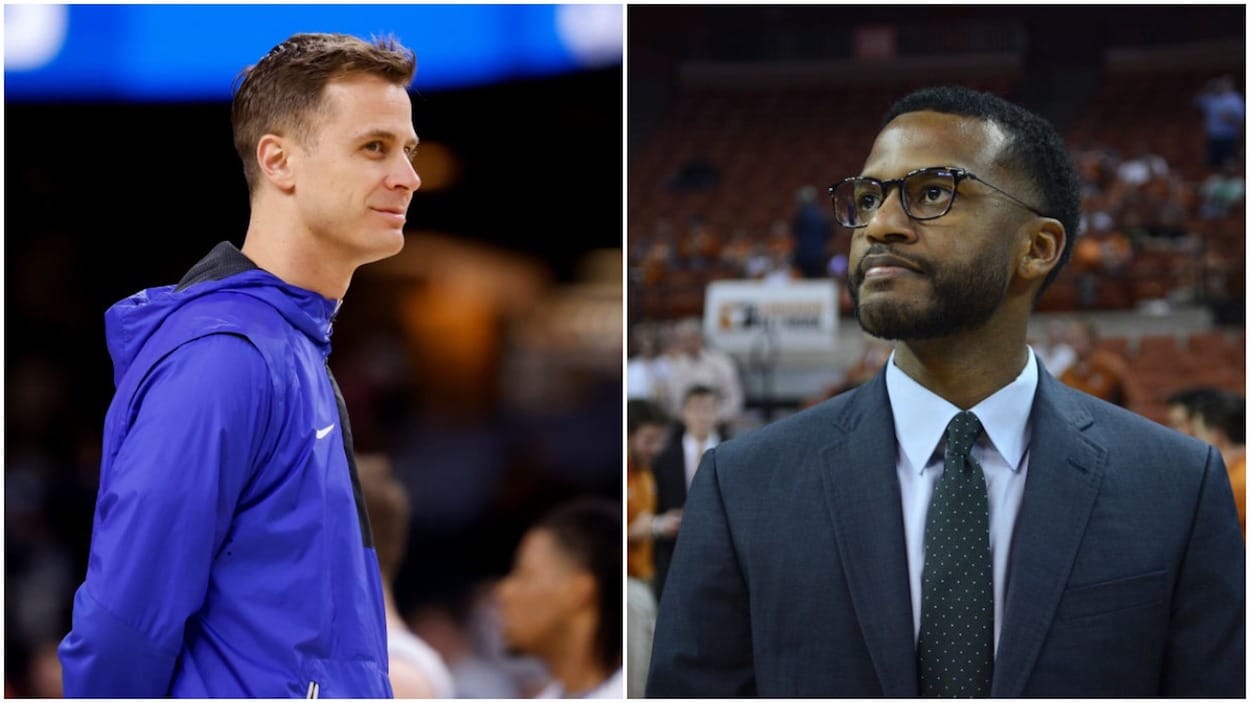 Duke Blue Devils head coach Jon Scheyer (L) and assistant Jai Lucas (R)