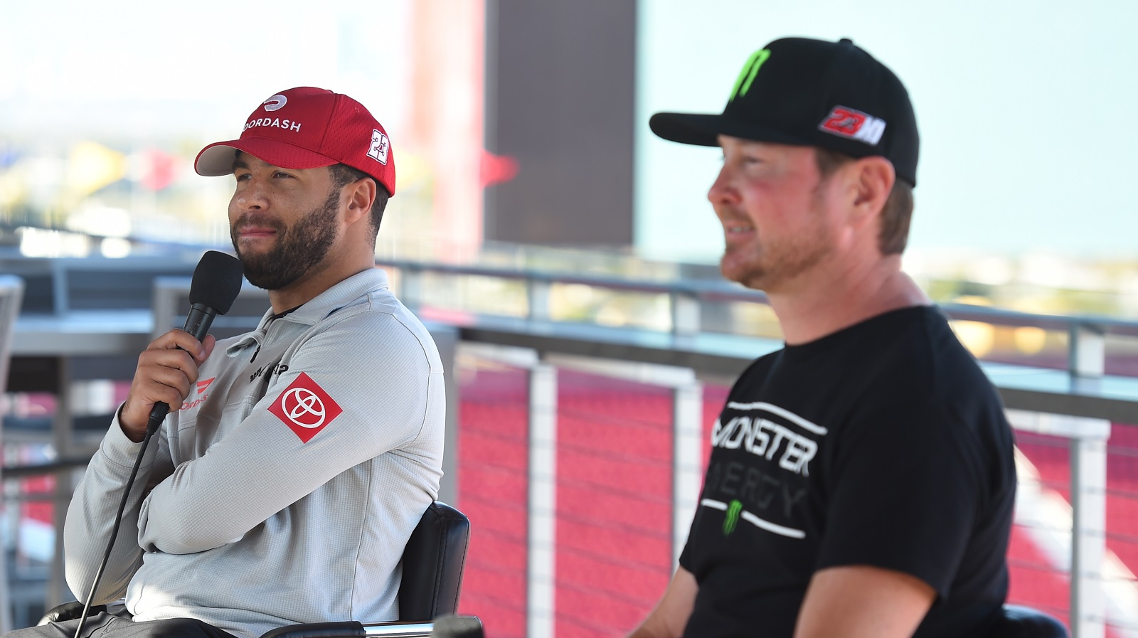 Bubba Wallace and Kurt Busch answer questions during the Busch Light Clash at the Los Angeles Memorial Coliseum.