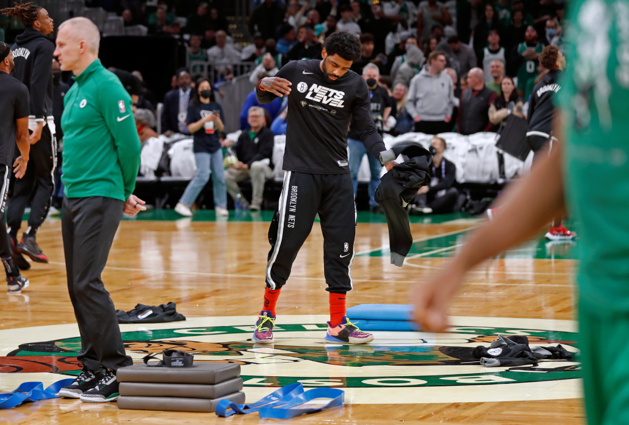 As he came out for pregame warmups, the Nets Kyrie Irving wiped his feet on the Celtics logo at center court.