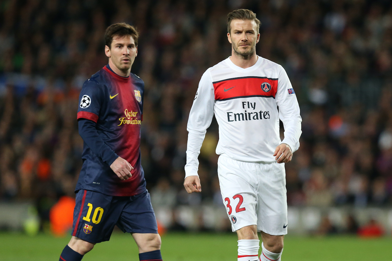 Lionel Messi of FC Barcelona and David Beckham of Paris SG during the 2013 UEFA Champions League. The pair may soon reunite with Inter Miami in MLS.