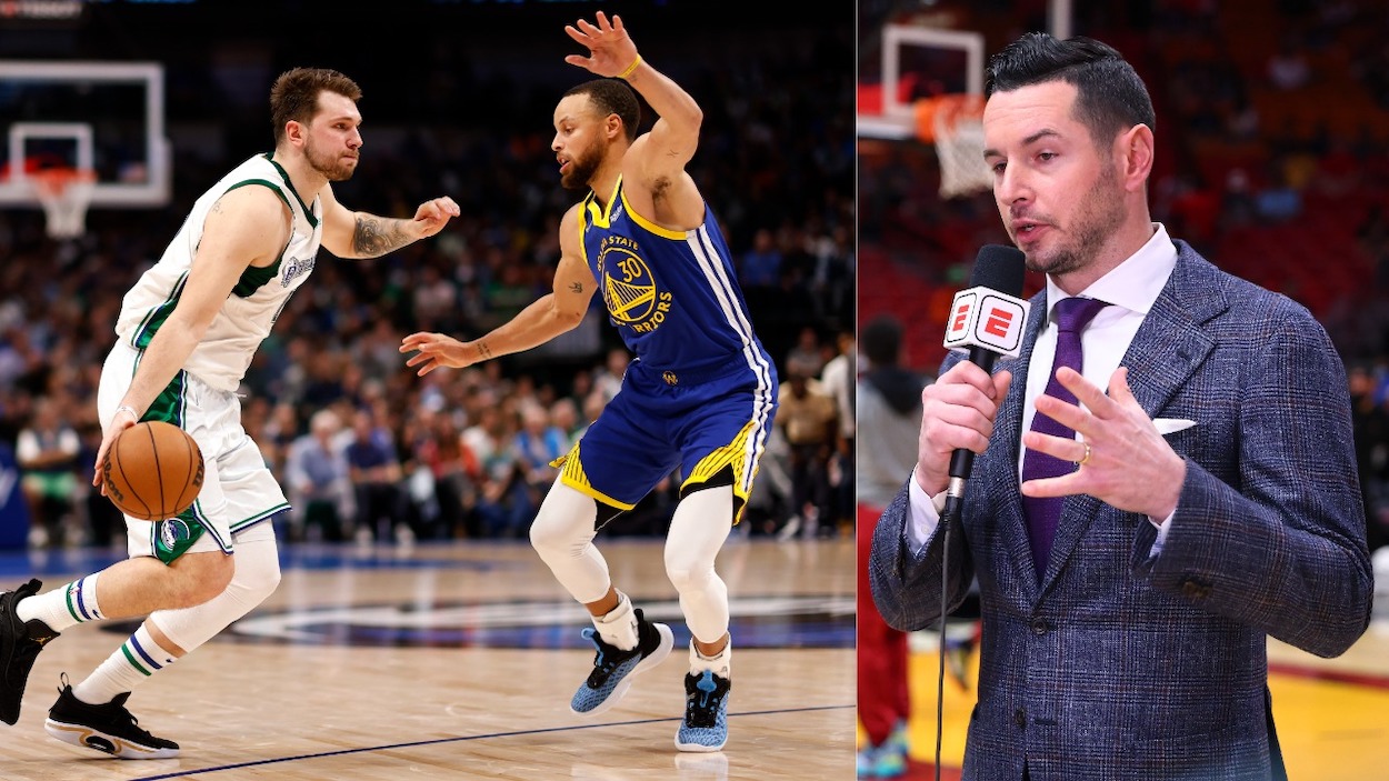 (L-R) Luka Doncic vs. Steph Curry, as the Dallas Mavericks take on the Golden State Warriors in 2022 and ESPN analyst JJ Redick.