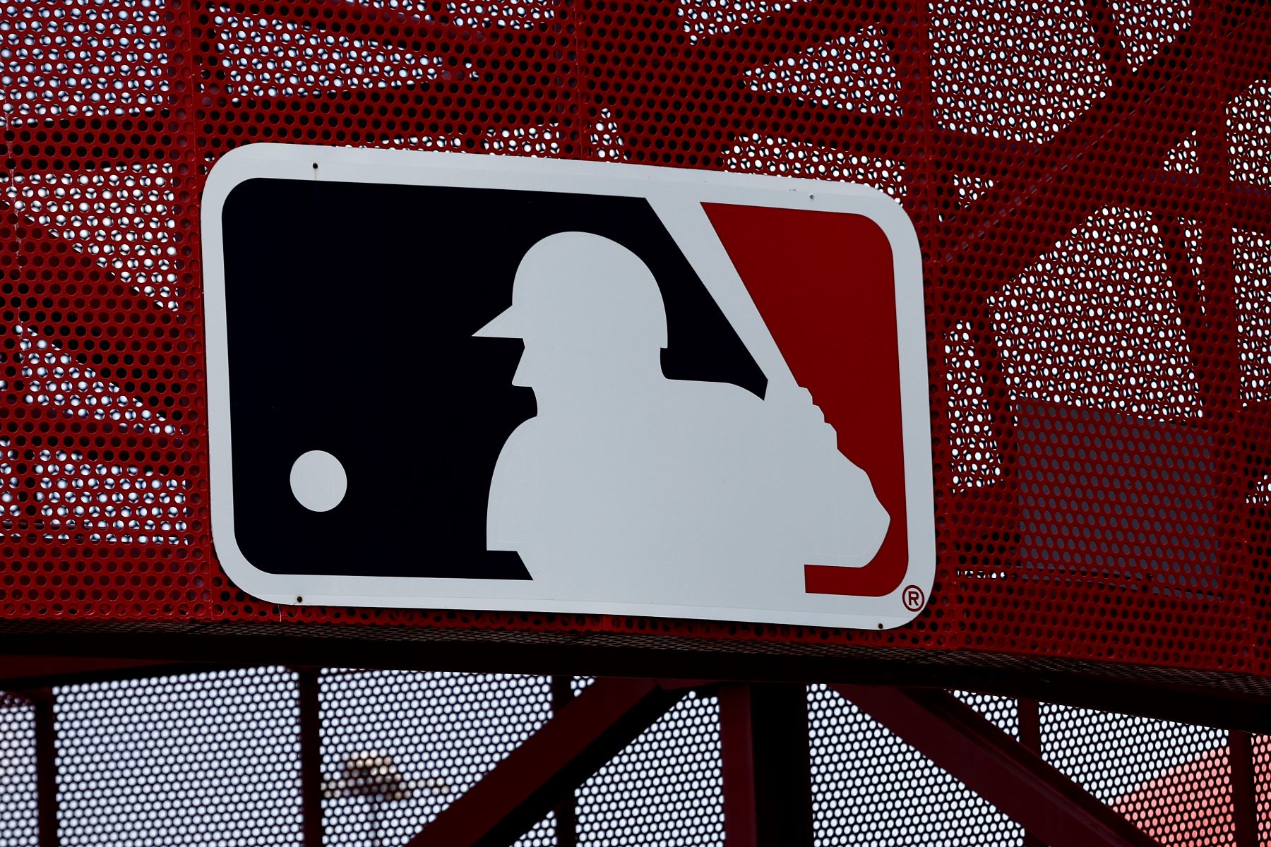 MLB (Major League Baseball) logo seen during a game between the Oakland Athletics and the Los Angeles Angels