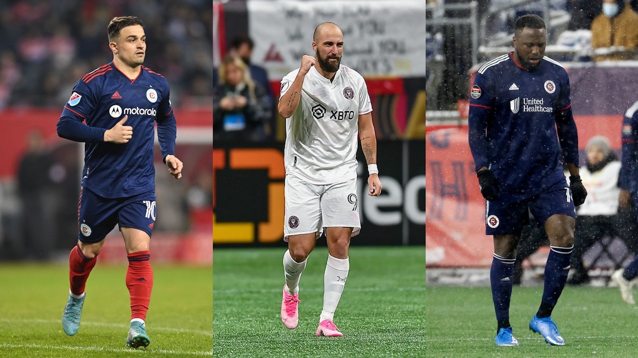 MLS highest-paid players in 2022 include (L-R) Chicago Fire's Xherdan Shaqiri, Inter Miami's Gonzalo Higuain, and New England Revolution's Jozy Altidore.