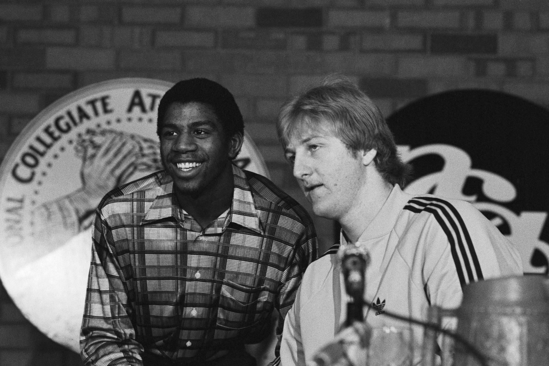 Magic Johnson and Larry Bird at a press conference in Salt Lake City, Utah, before the NCAA Final Four Championship game
