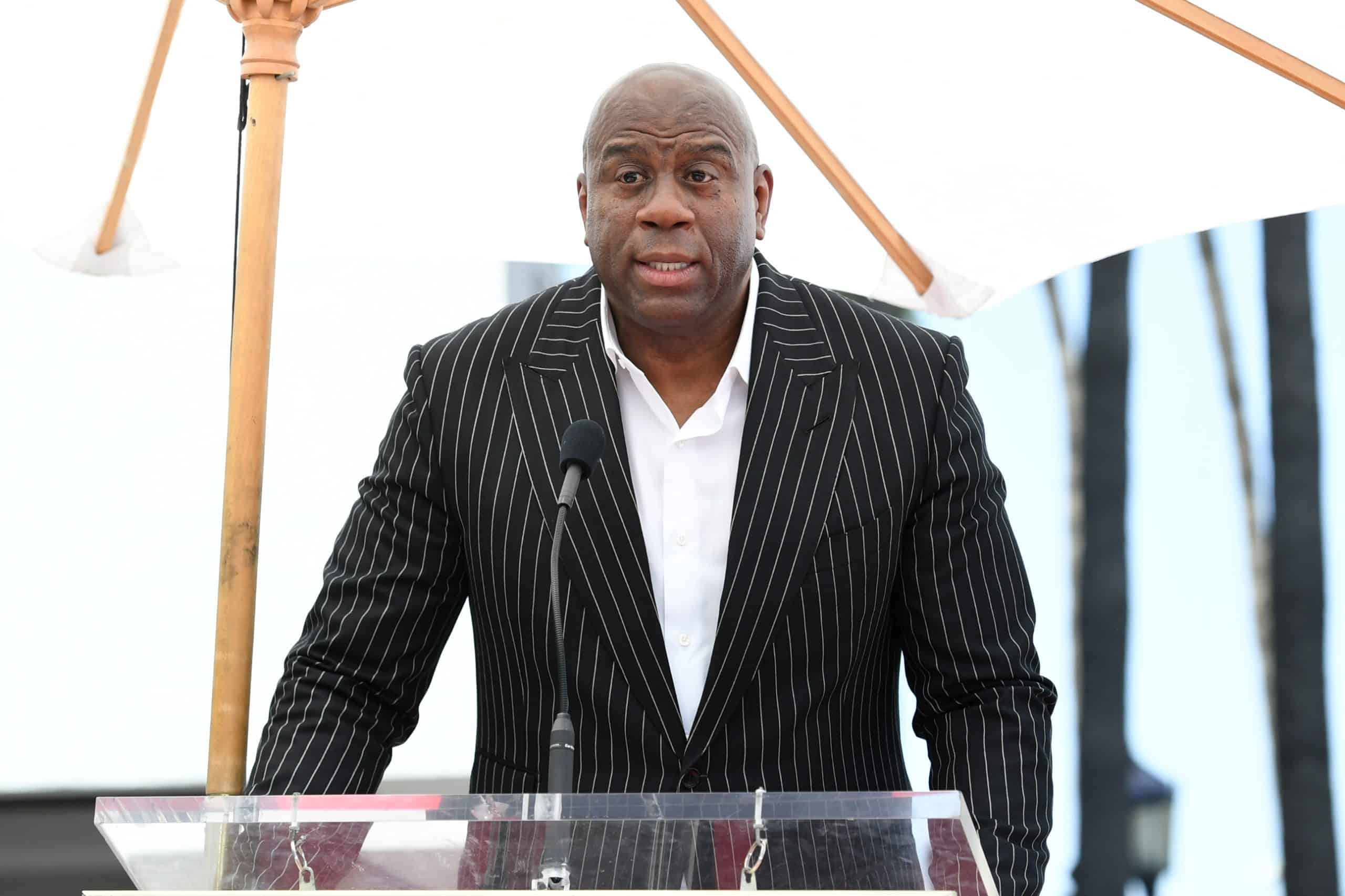 Magic Johnson speaks during a ceremony honoring Judge Greg Mathis with a star on the Hollywood Walk of Fame.