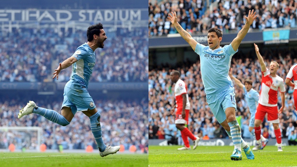 (L-R) Ilkay Gundogan in 2022 and Sergio Aguero in 2012 scored late to help Manchester City win Premier League titles.