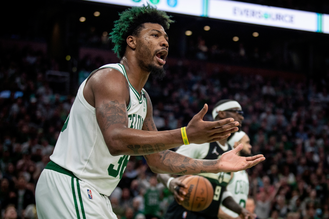 Marcus Smart of the Boston Celtics reacts during the second half of Game 5 of the Eastern Conference Semifinals against the Milwaukee Bucks.