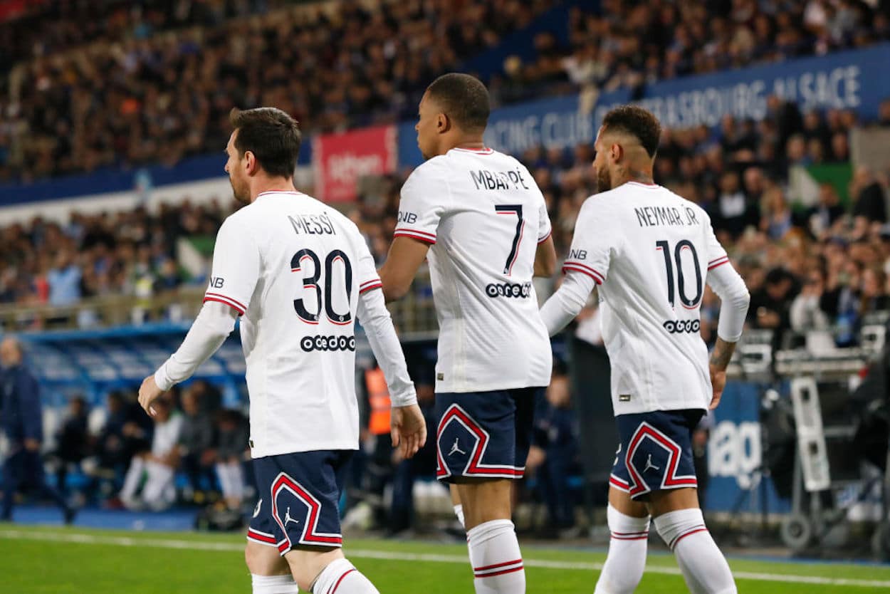 Lionel Messi (L), Kylian Mbappe (C), and Neymar Jr. (r) of Paris Saint-Germain.