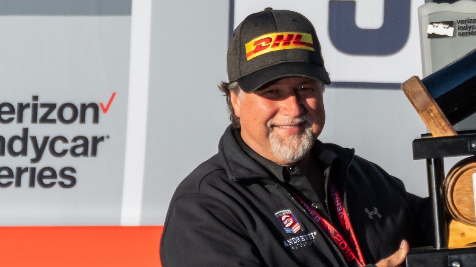 Michael Andretti accepts the race trophy at the IndyCar Grand Prix of Sonoma on Sept. 16, 2018.