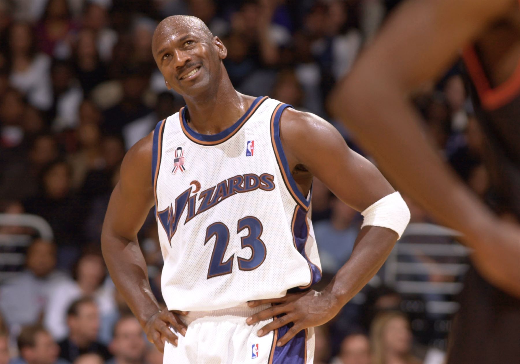 Michael Jordan #23 of the Washington Wizards during a game against the Philadelphia 76ers at the MCI Center
