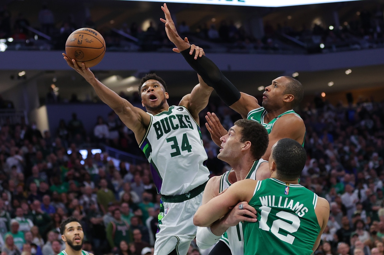 Milwaukee Bucks superstar Giannis Antetokounmpo during a playoff game against the Boston Celtics.