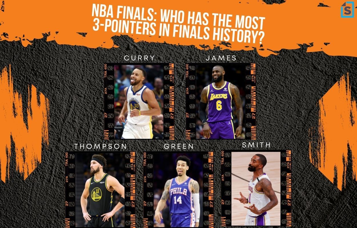 The top-five three-point shooters in NBA Finals history, led by Stephen Curry and LeBron James.