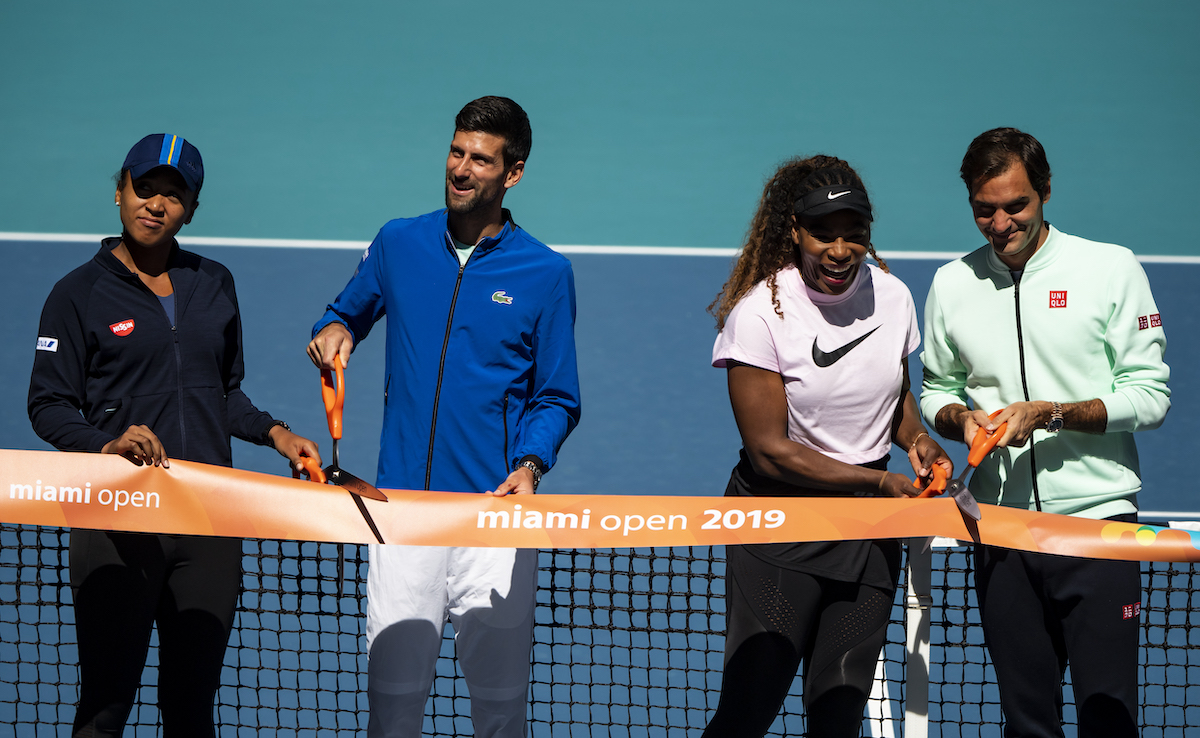 Naomi Osaka, Novak Djokovic, Serena Williams, and Roger Federer cut the ribbon on the new Stadium Court at the Hard Rock Stadium in 2019