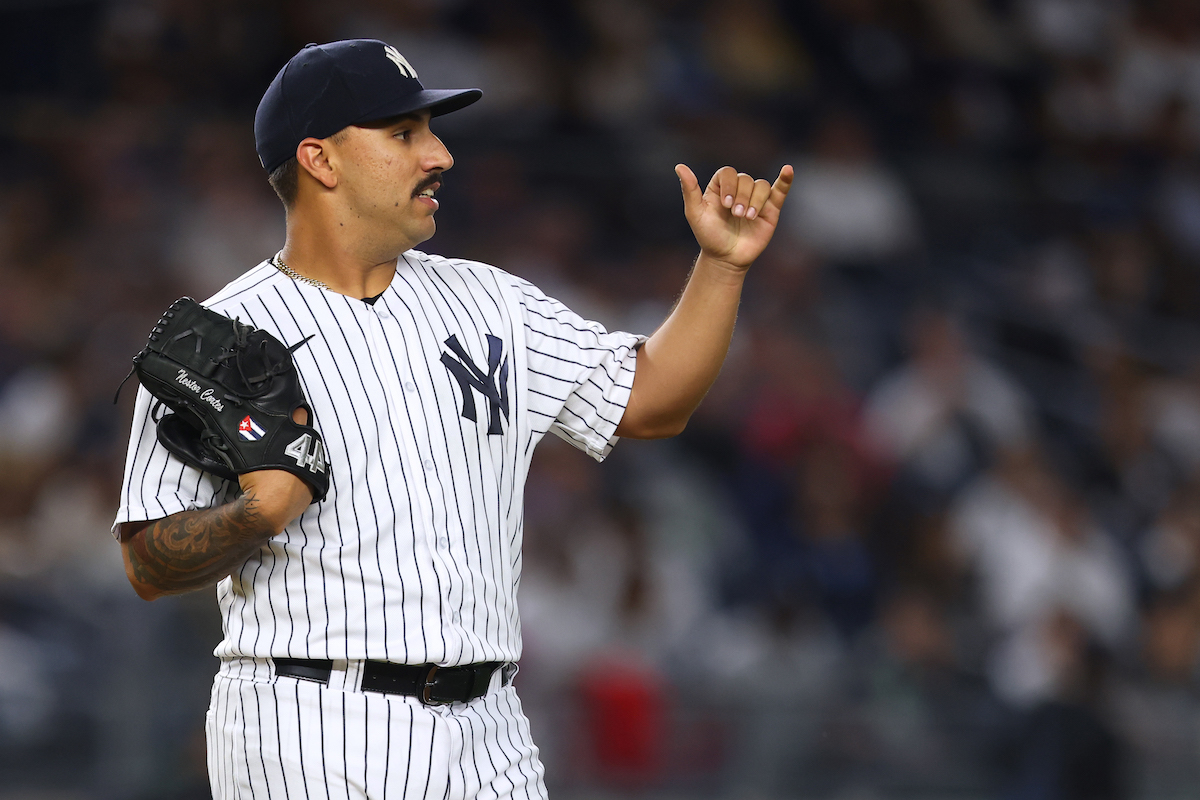 Nestor Cortes gesturing on the mound for the New York Yankees